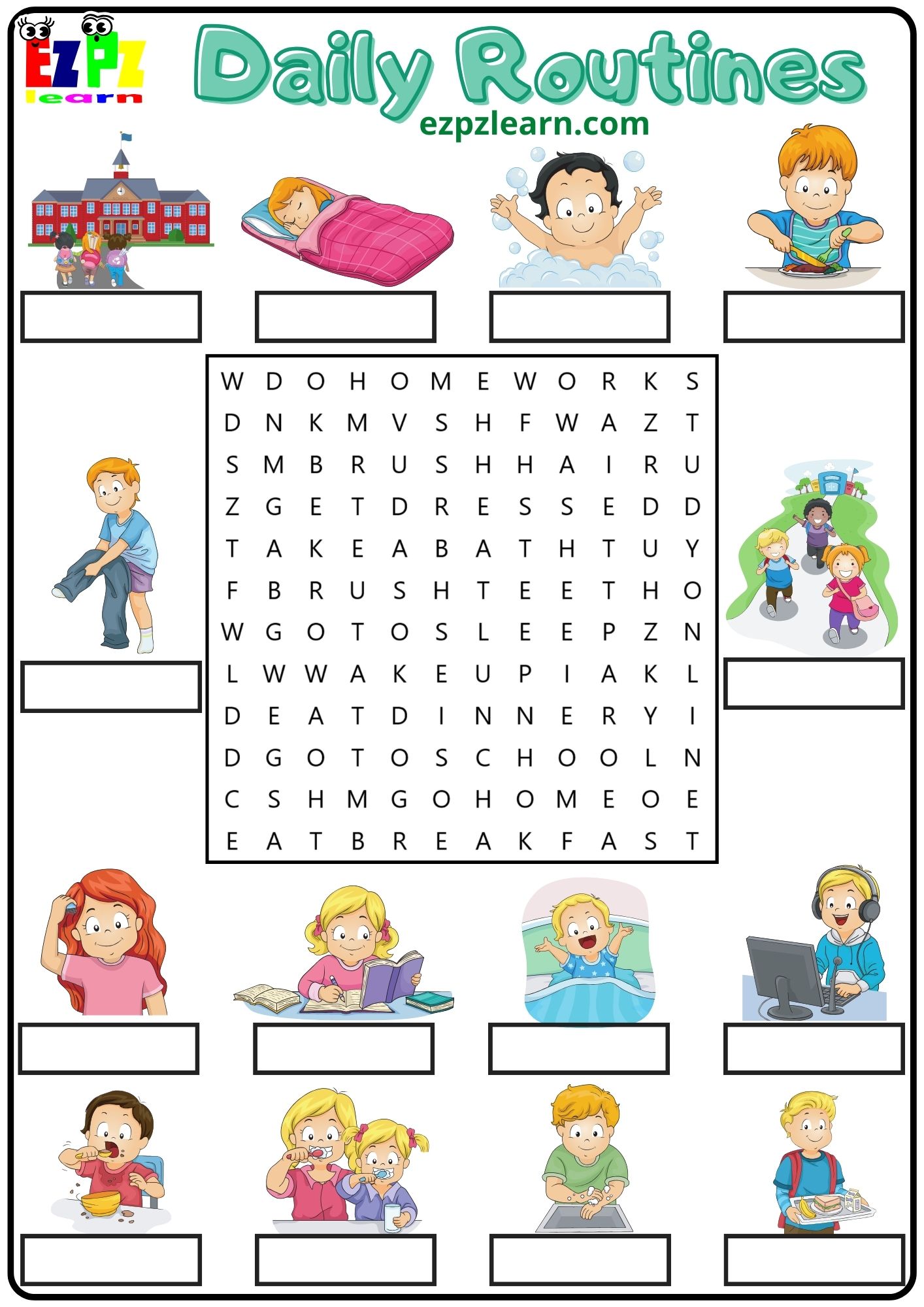 Daily Routines Vocabulary Word Search And Write The Words Activity For